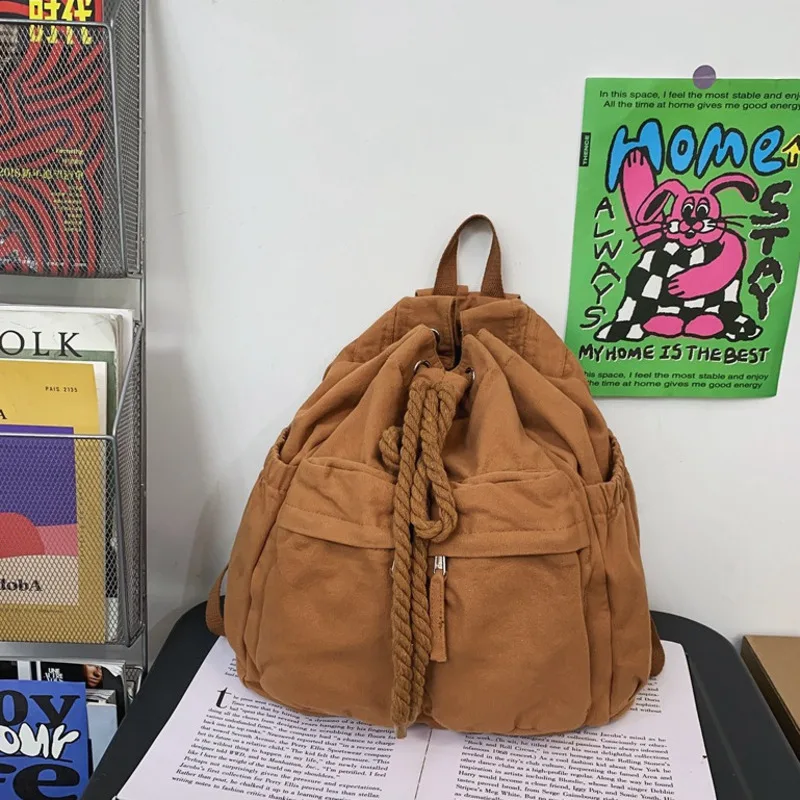 Mochila de ombro de grande capacidade para mulheres, cor sólida, simples plissada, lona lavada, moda esportiva de viagem