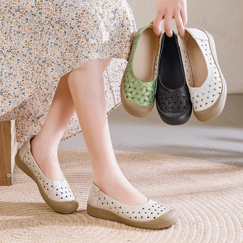 

2025 New Summer Hollow Breathable Retro Style Casual Single Shoes for Women Fashion Shallow Mouth Comfortable Slip on Flat Pumps