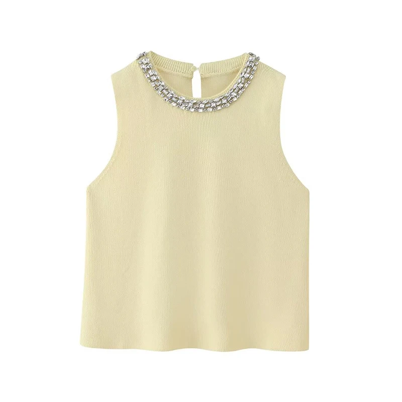 Willshela Women Fashion With Diamonds Yellow Knitted Pullover Vest Vintage O-Neck Sleeveless Female Chic Lady Tank Tops