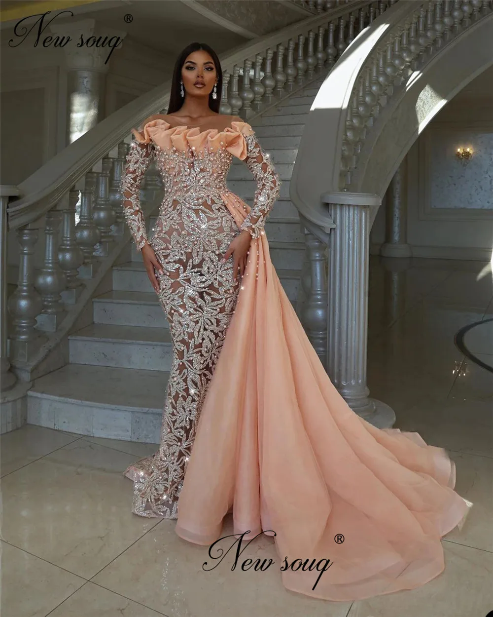 Elegant Glitter Beaded Celebrity Dresses With Slit Customize Off Shoulder Pearls Evening Dresses Arabic Dubai Long Wedding Party