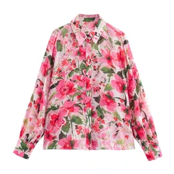 Taop&Za 2024 Summer Women's Fashion Western Style Leisure Flower Print Long sleeved Buckle Collar Shirt