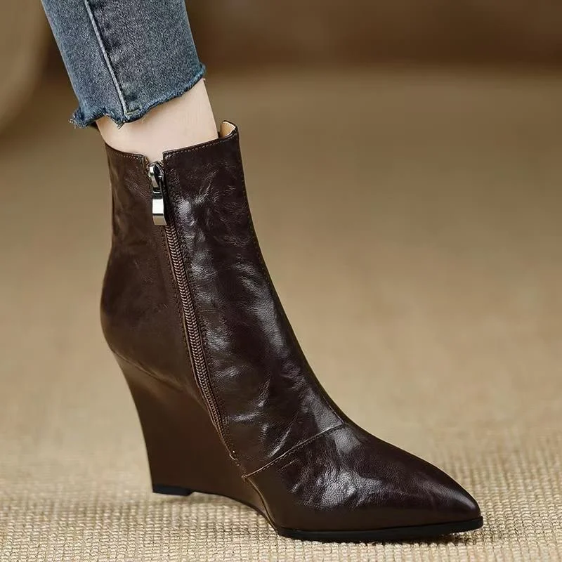 Wedge Heel Booties Fall New Pointed Toe Side Zipper Soft Sole Non-Slip Wear-Resistant High Heels