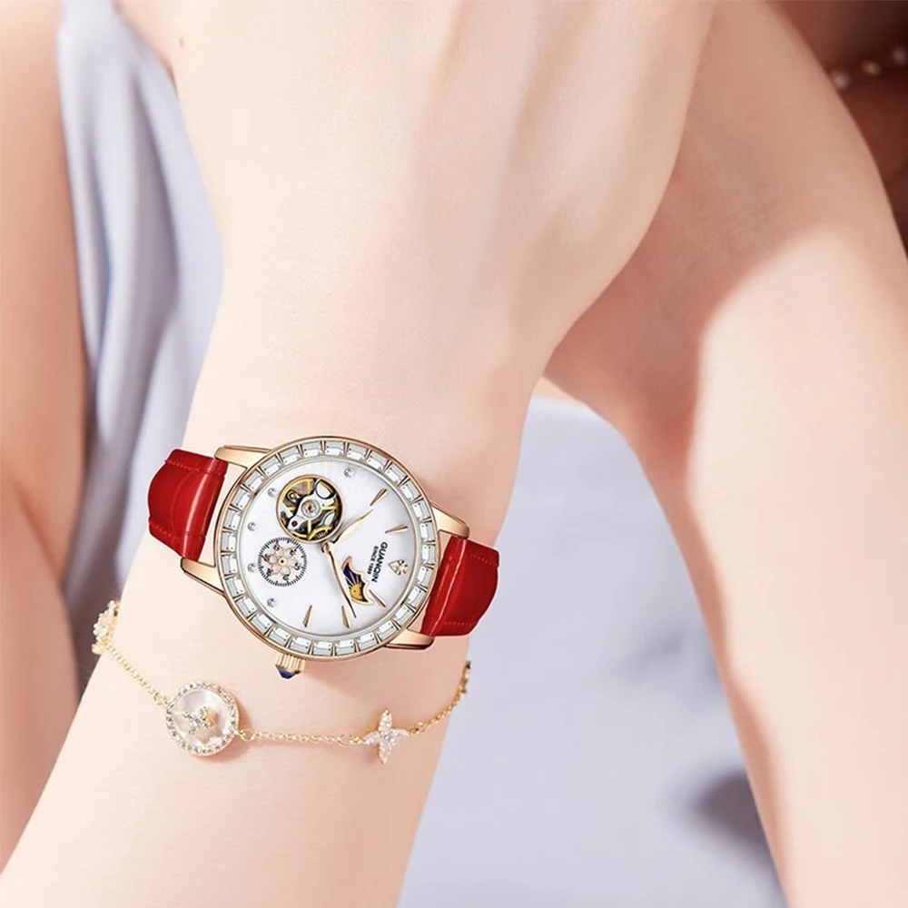 1pc GUANQIN Women Automatic Mechanical Watch Skeleton Tourbillon Luminous Waterproof Moon Phase Fashion Watch For Ladies Gifts