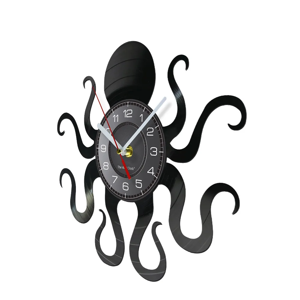 Retro Octopus Mollusk Vinyl Record Wall Clock With LED Backlight Kraken Octopus Ocean Animal LED Night Light Modern Clock Watch