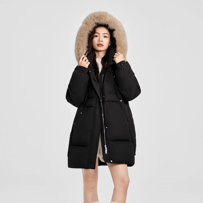 Chericom Jaket Bulu Angsa Panjang Sedang Musim Dingin 2025 Baru dengan Kerah Bulu, Jaket Bulu Angsa Berkerudung, Elegan, Hangat, Longgar, Pakaian Wanita Y309207Y