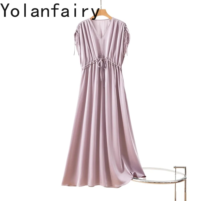 

YOLANFAIRY 93% Mulberry Silk Dress Summer 2025 Elegant Ladies Dresses V-neck with Drawstrings Light Purple Women Dress vestidos