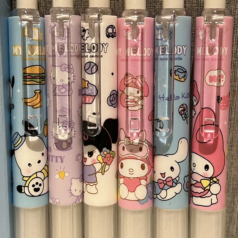 Sanrio Olá Kitty Gel Pen, Bonito Dos Desenhos Animados, Kuromi Melody Cinnamoroll, Alta Aparência, Press Pen, Material Escolar para Meninas, Presente Infantil, 6Pcs