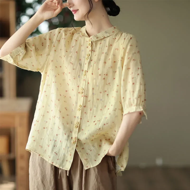 

Women's Vintage Floral Print Half-Sleeve Blouse Loose Casual Linen Cotton Shirt