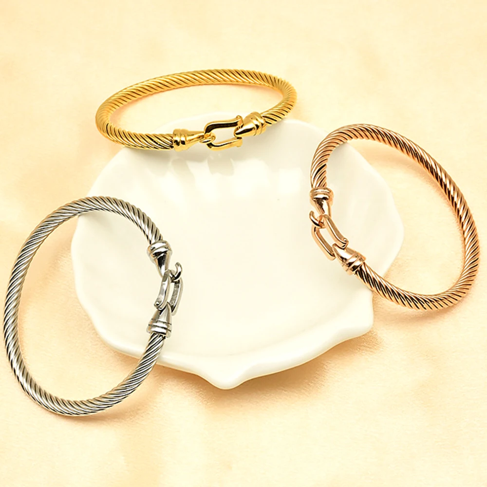 Fashion U-shaped Knot Clasp Bracelets Men Women Stainless Steel Wire Horseshoe Braided Knot Cable Bangle Handmade Couple Jewelry