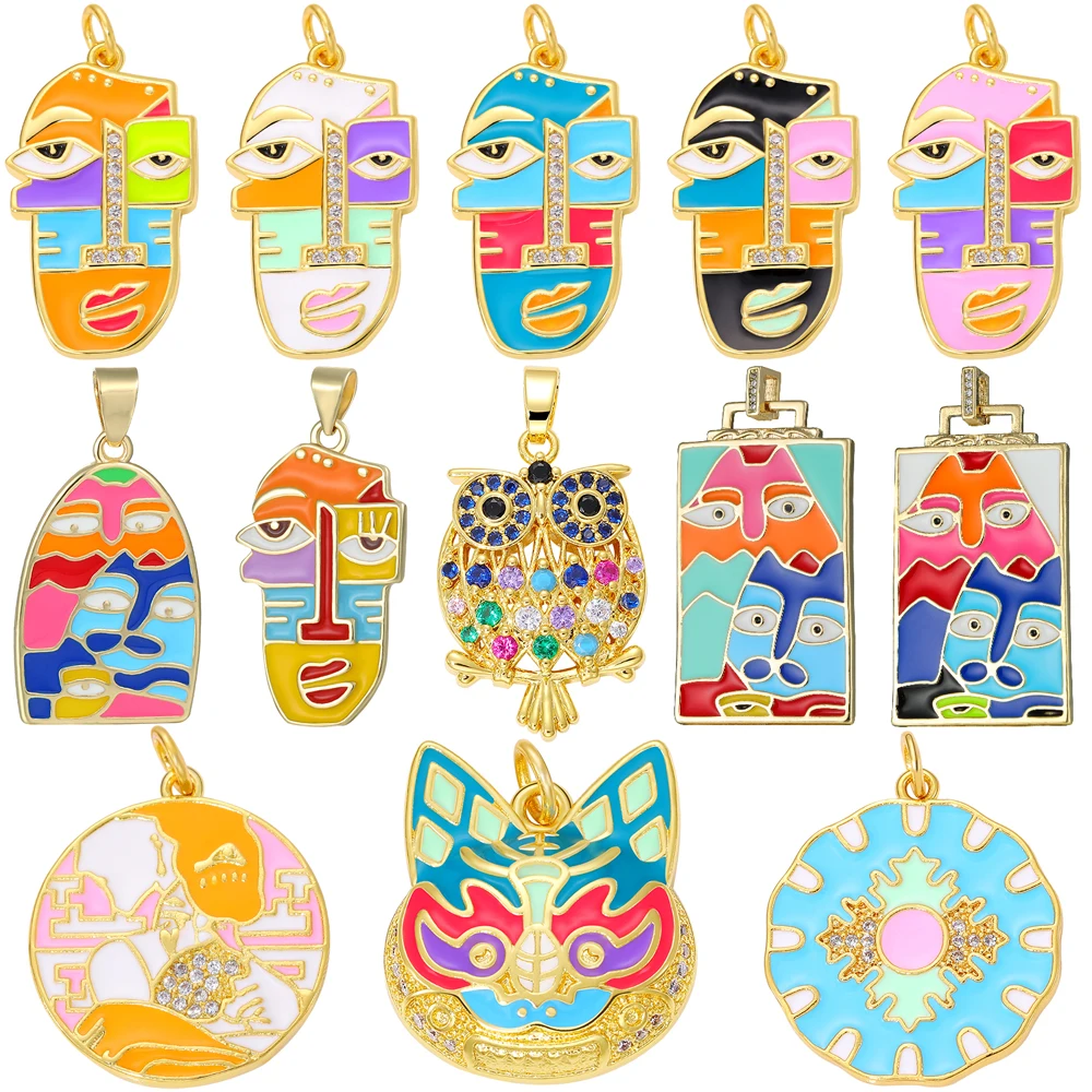Juya DIY 18K Gold Plated Painting Pendants Supplies Handmade Creative Owl Colorful Picasso Half Face Enamel Charms Accessories