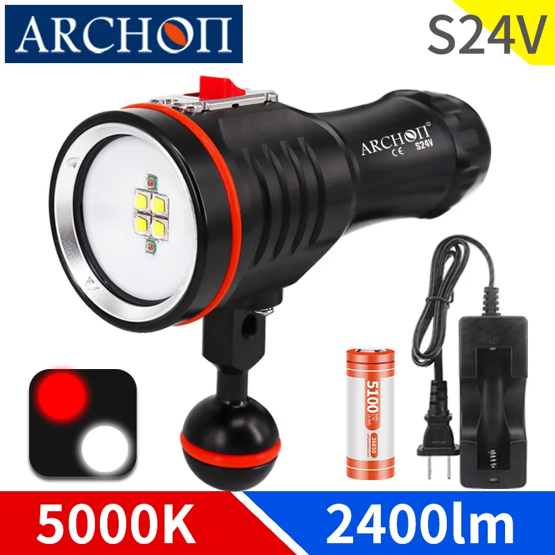 

S24V white 5000k diving flashlight Red fill diving lights Underwater 100m diving photography video lamp dive torch fill lighting