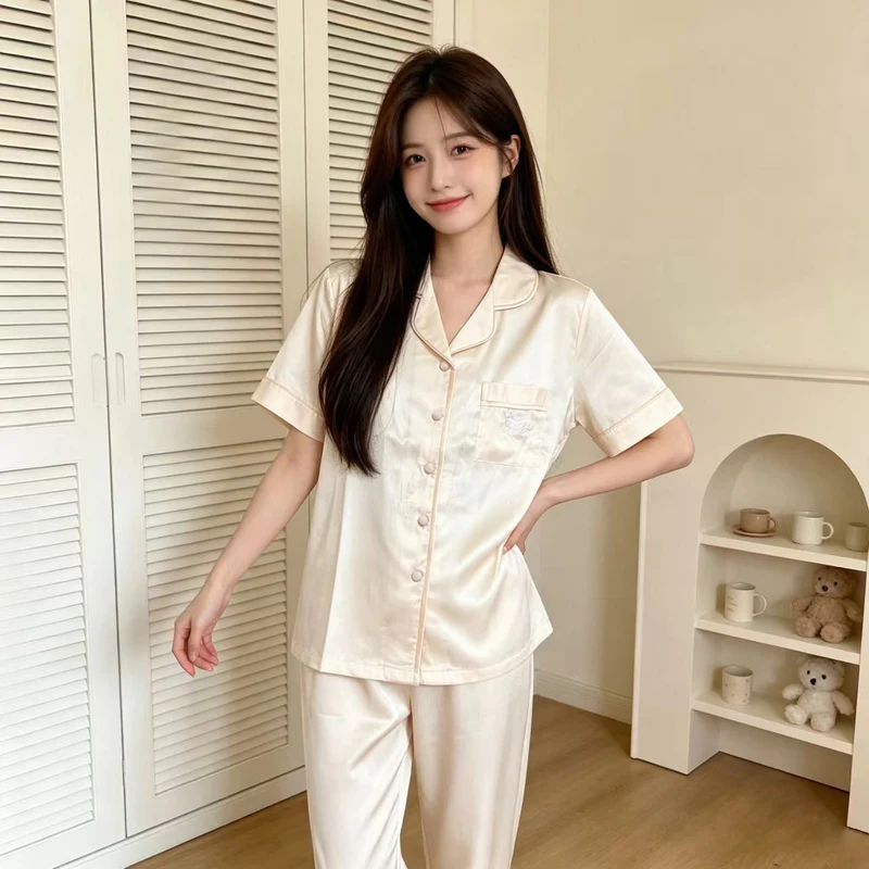 

2026 Summer Short Sleeve Long Pants Silk Satin Pajama Sets For Women Cute Lace Sleepwear Suit Homewear Pijama Mujer Home Clothes