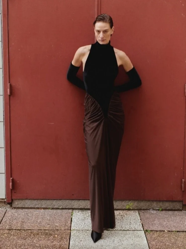 

Sexy Turtleneck Velvet Patchwork Flods Long Dress With Gloves Women Sleeveless Pleated Slim Dresses Evening Party Cocktail Gowns