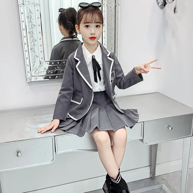 Girls Clothes Set Gray School Formal Western Suit Pleated Skirt For Uniforms For 4 5 6 7 8 9 10 11 12 Years Kids Girls Outfit
