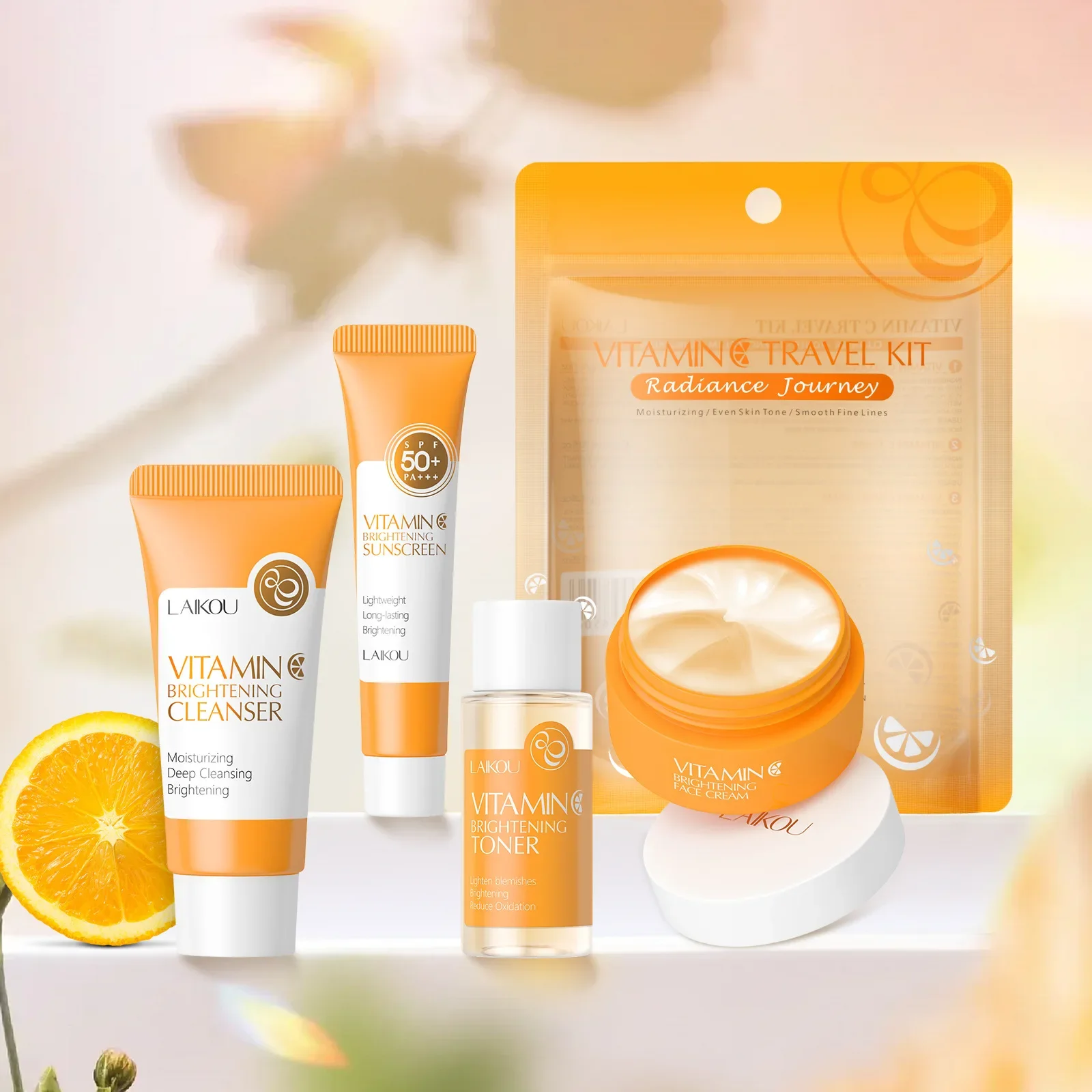 

LAIKOU Vitamin C Skin Care Sets Face Cream Facial Cleanser Essence Spf 50+ VC Sunscreen Moisturizing Toner Face Skin Care Kit