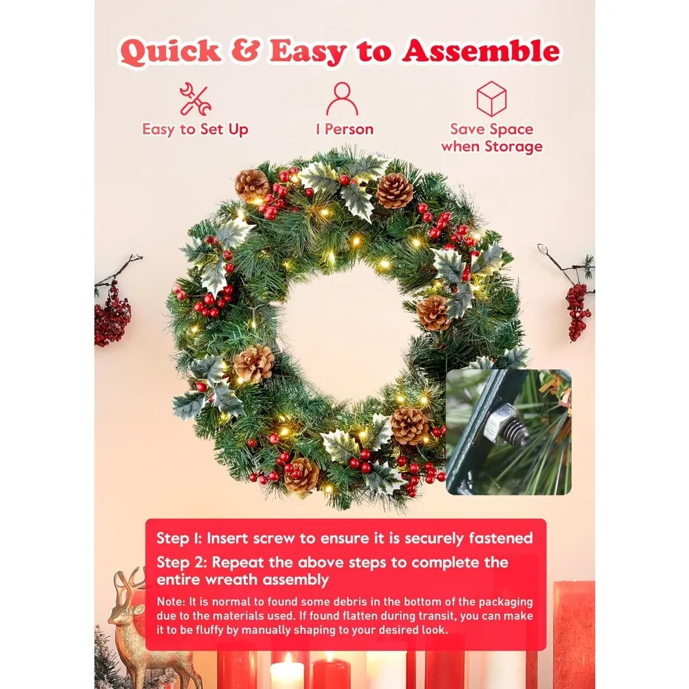 إكليل عيد الميلاد المضاء مسبقًا مقاس 24 بوصة - إكليل صنوبر LED يعمل بالبطارية مع التوت ومخاريط الصنوبر لديكور الباب والجدران #6