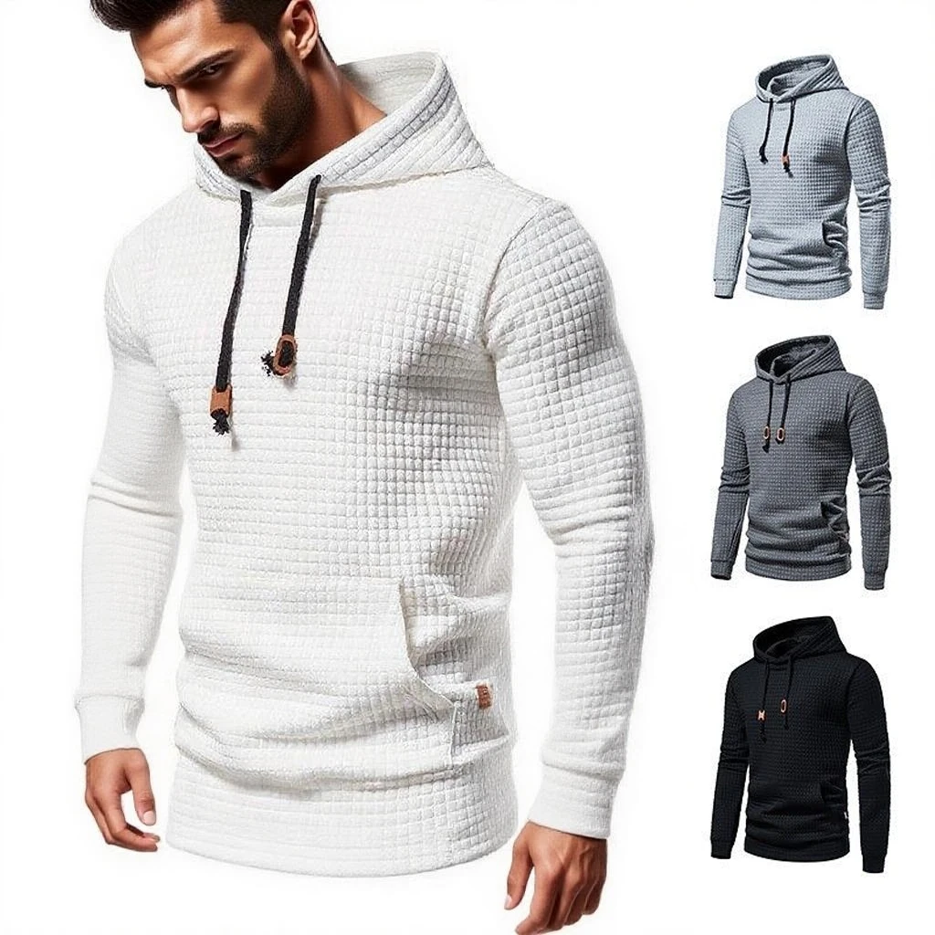 Men's Fashion Small Check Waffle Hoodie, Autumn Winter Oversized Tie Collar Hooded Pullover with Pocket