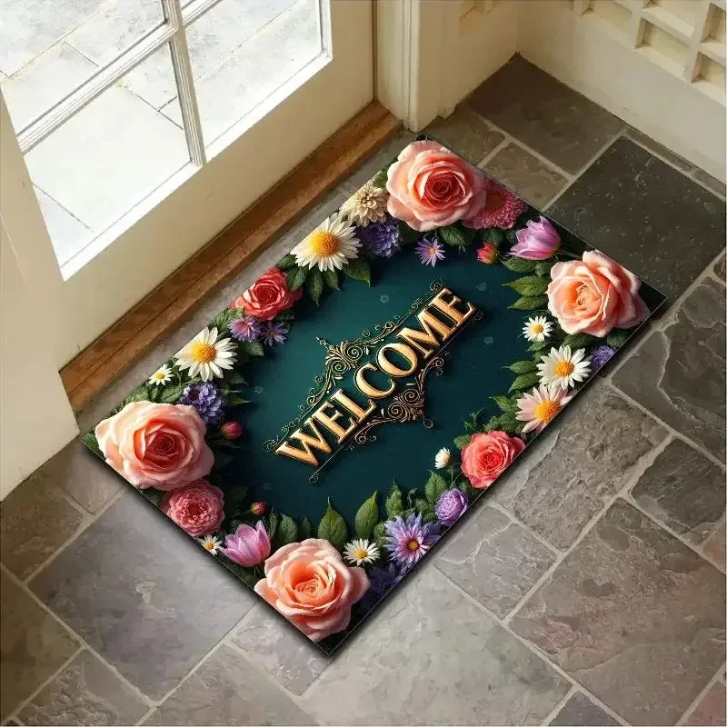 Rustic Garden Welcome Decor Doormat, Lush Multi‑Flower Art Printed Non‑Slip Floor Mat for Entryway Porch Indoor Home Decoration