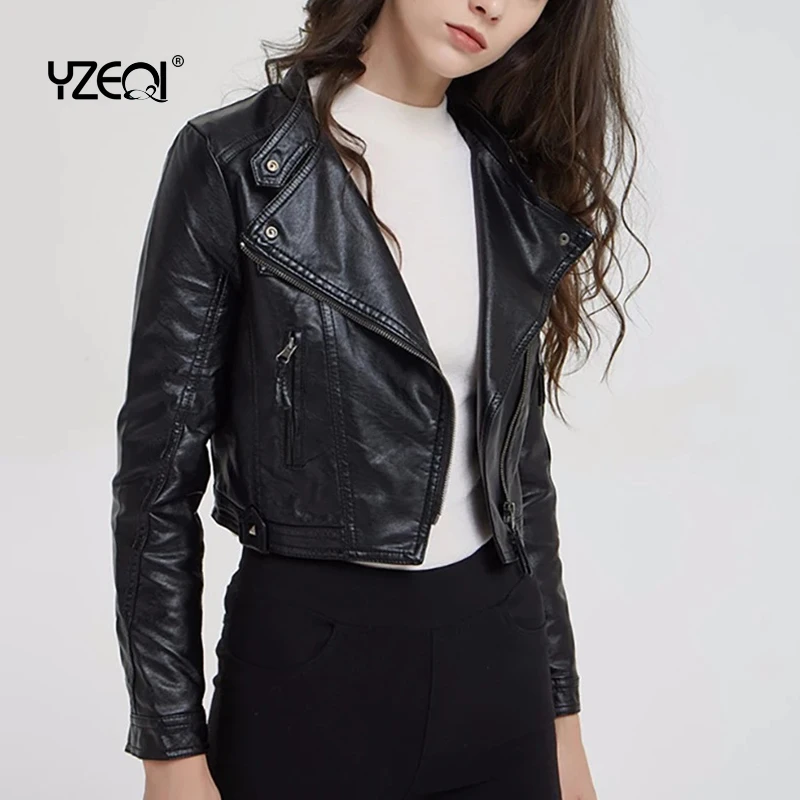 Yzeqi Street Style Women Short Motorcycle Pu Leather Jacket Autumn Fashion Lady Faux Soft Leather Coat Black Zipper Outerwear