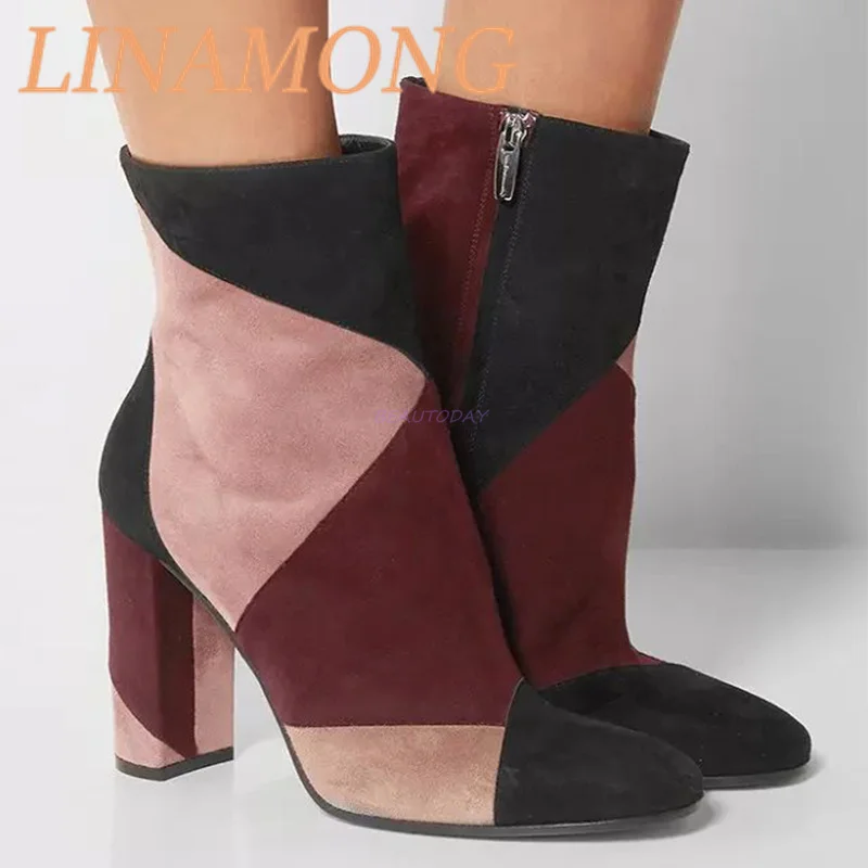 متعدد الألوان المرقعة الجلد المدبوغ أحذية قصيرة الخريف والشتاء وأشار كعب سميك وسحاب جانبي تصميم عالية الكعب أحذية الموضة