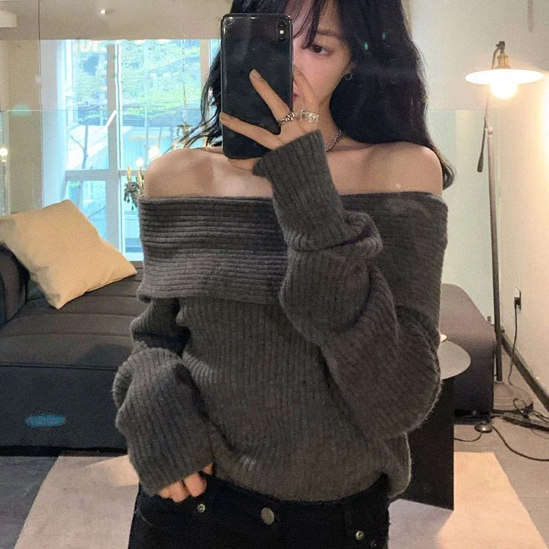 Lucyever Sweater rajut leher Slash, atasan jumper ramping tebal elegan Korea lengan panjang bahu terbuka seksi untuk wanita