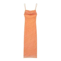 Tangada 2024 Women Orange Print Mesh Dress Sleeveless Ladies Long Dress 3H0566