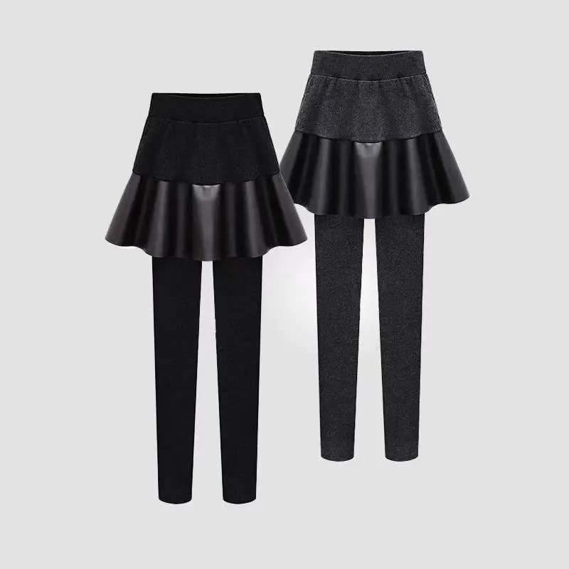 Thick Warm Women's Solid Pleated Trouser Skirt Autumn Winter Simplicity Comfortable Fake Two Pieces Leggings Female Clothing