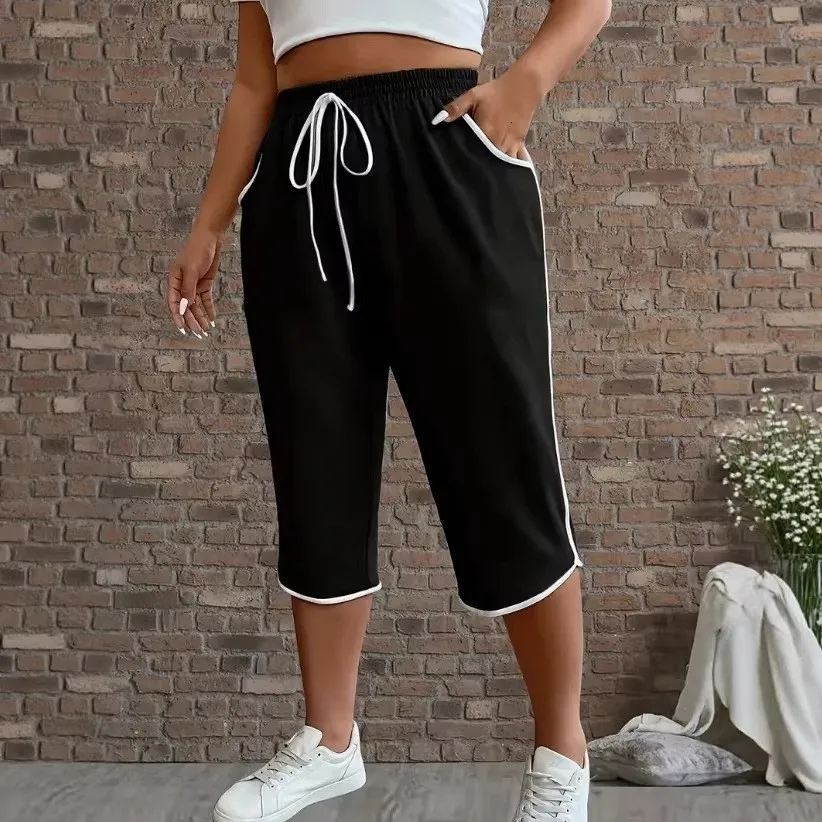 Sommer Damenkleidung Übergröße Farbblock Sportliche Lässige Caprihose mit Elastischem Bund Gerades Bein Mittelschwer Dehnbar