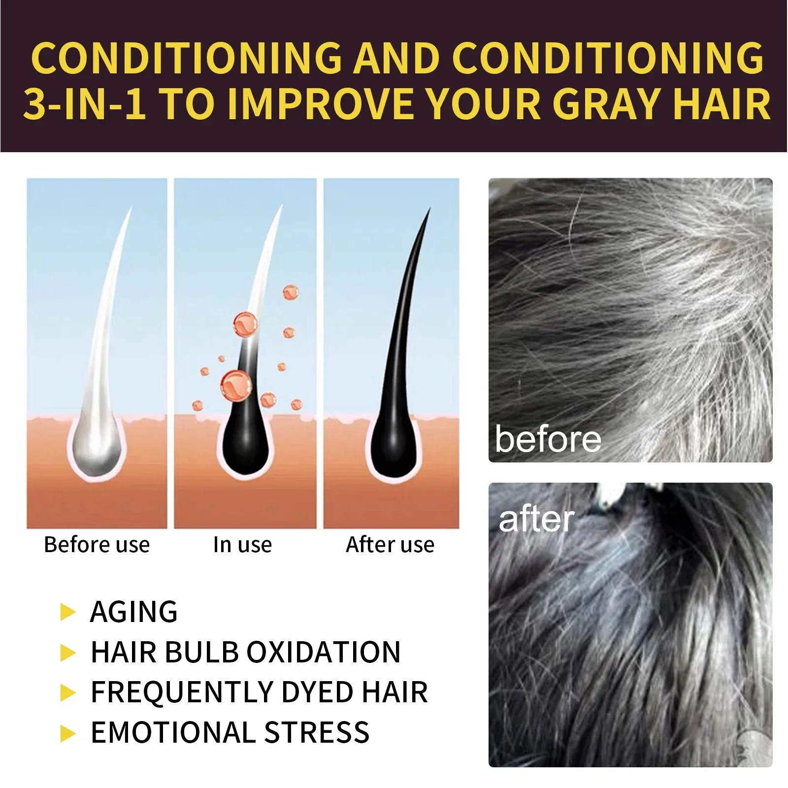 Hair Dye Shampoo 3 in 1 Darkening Hairs Instant Gray To Black Natural Coloing Cover White Hair To Black For Women For Men