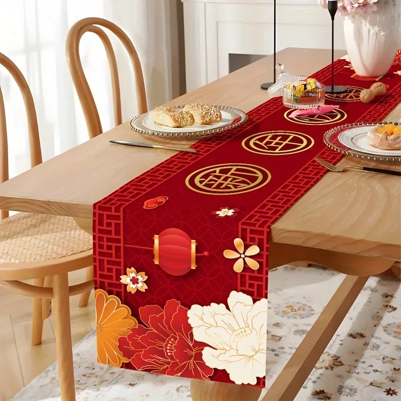 Chinese 2025 Happy New Year Red Lantern Linen Table Runner Party Decorations Spring Festival Table Runners Dining Table Decor