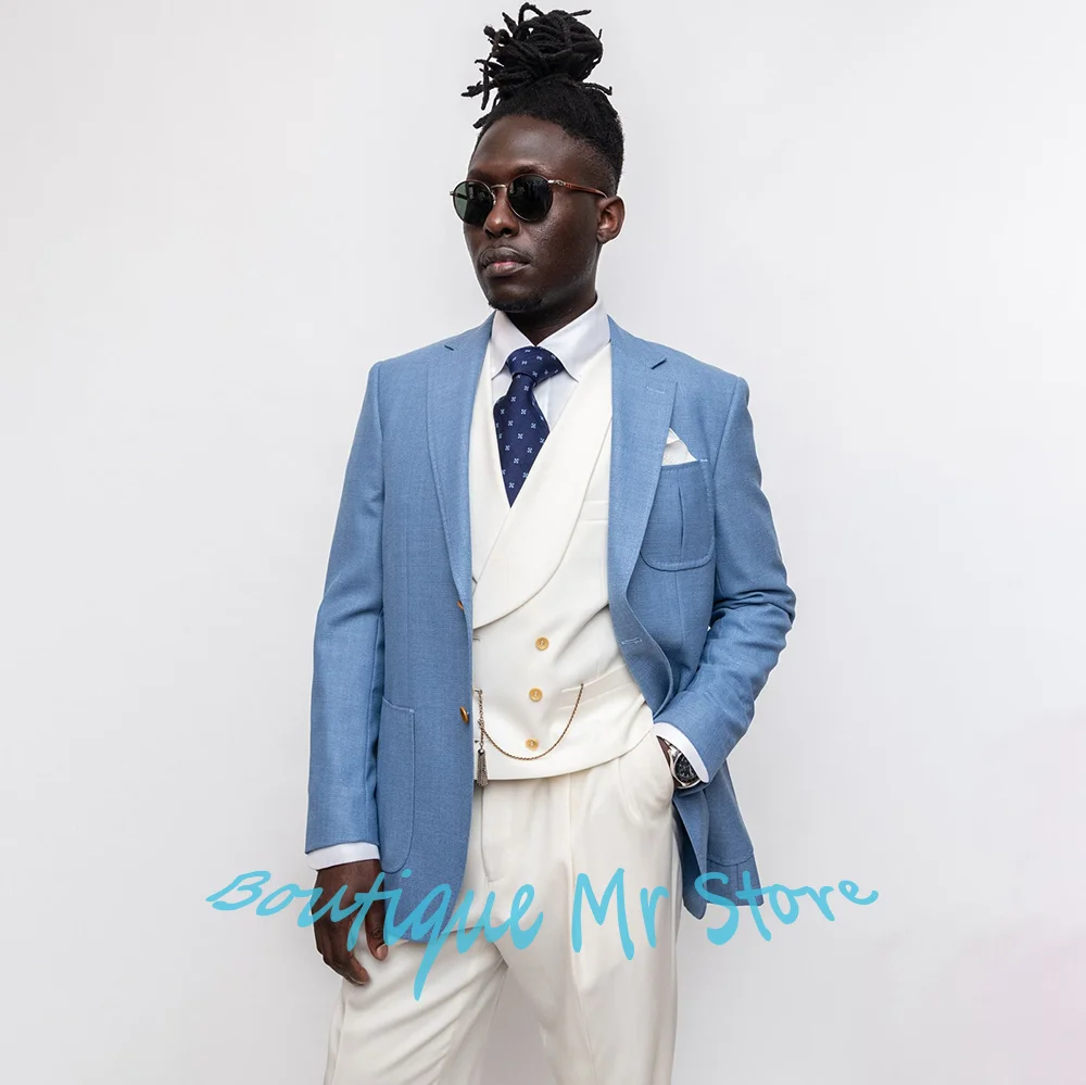 

Gorgeous Men's Three-Piece Suit Light Blue Jacket+Vest+Pants Set Elegant Formal Gentlemen Costume for Wedding Prom Party
