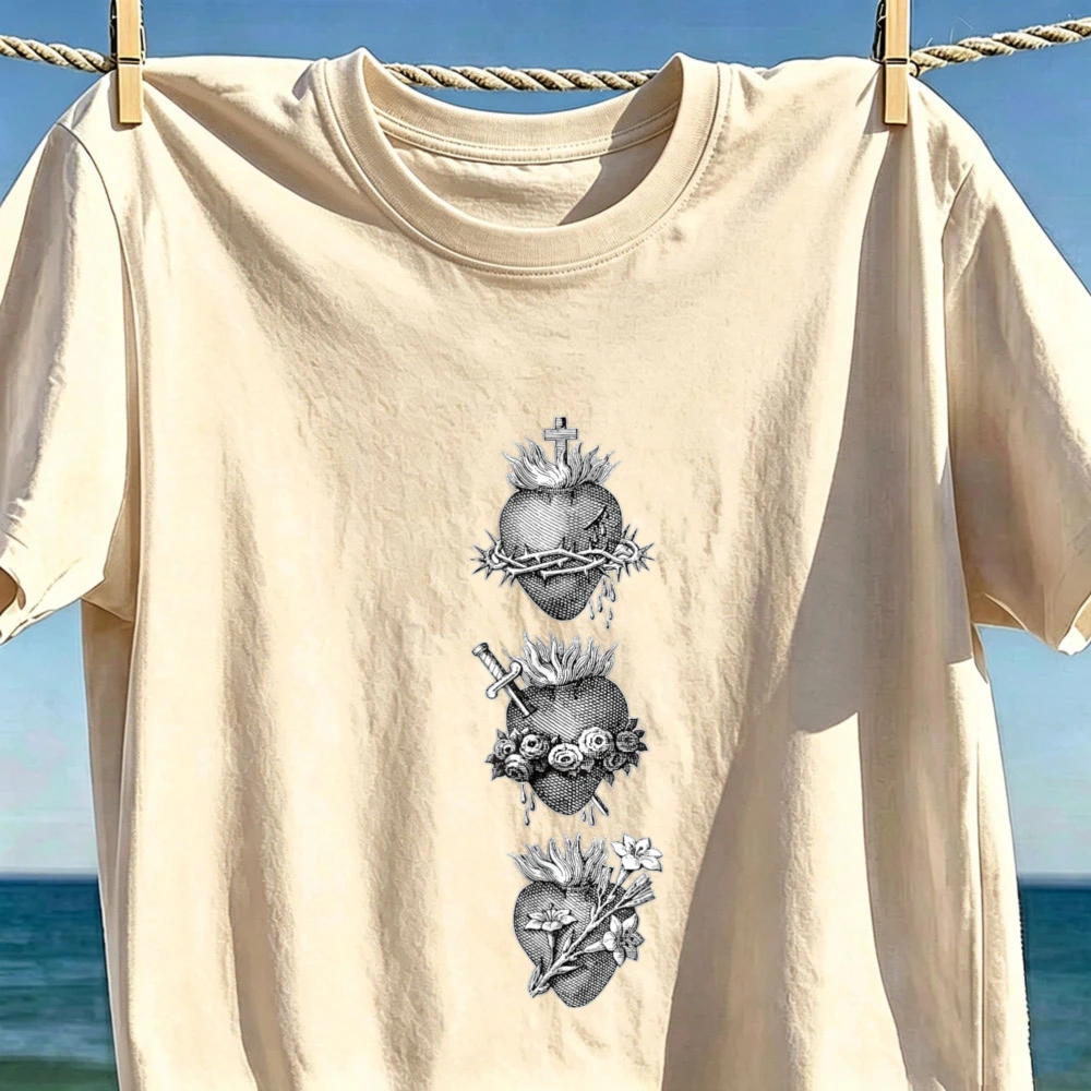 Vintage Catholic Graphic T Shirt Sacred Hearts Virgin Mary Cross Crown Of Thorns Sword Roses Flowers Tops Unisex Cotton Tees