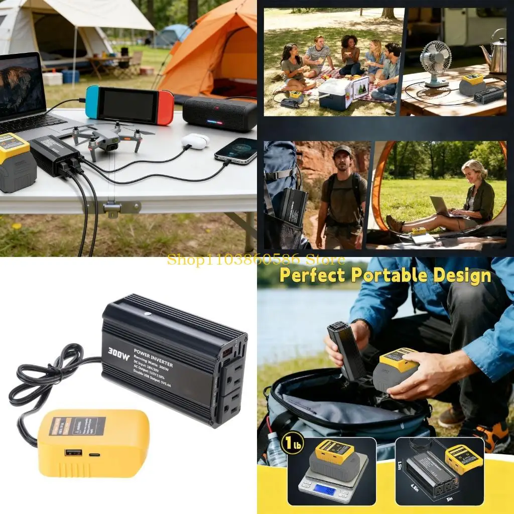 242A Battery Powered 300W to Power Converter 18V 20V to 110V 120V Featuring USB C 65W Fast Multiple Outlets for Travel