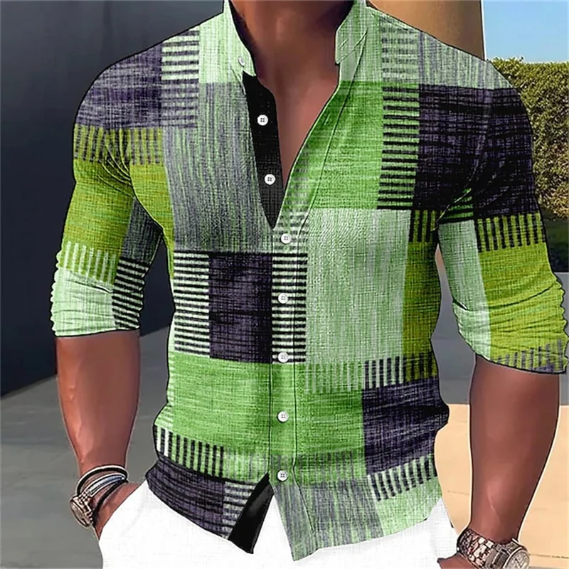 Camisa con estampado geométrico para hombre, ropa de calle de manga larga con cuello levantado para exteriores, moda de diseñador callejero informal, 2024