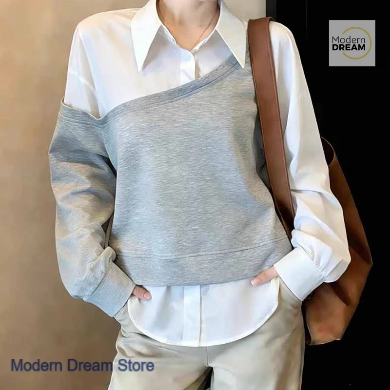 

Korean gray fake two-piece lapel stitching design loose long-sleeved sweater women's spring new versatile temperament top