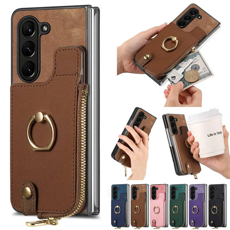 

Luxury Zipper Wallet Card Leather Phone Case For Samsung Galaxy Z Fold 5 5G Fold5 Ring Flip Stand Shockproof Cover Hoesje Coque
