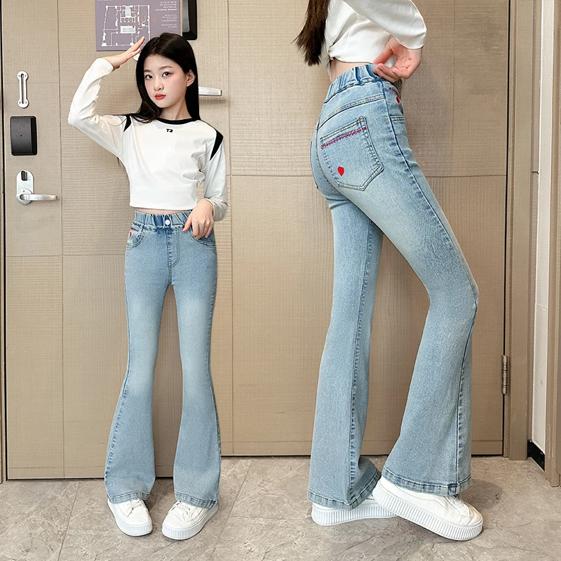 

Детские облегающие расклешенные джинсы с сердечками для девочек, элегантные джинсовые леггинсы с вырезом в ботинке, брюки, детские модные джинсовые брюки