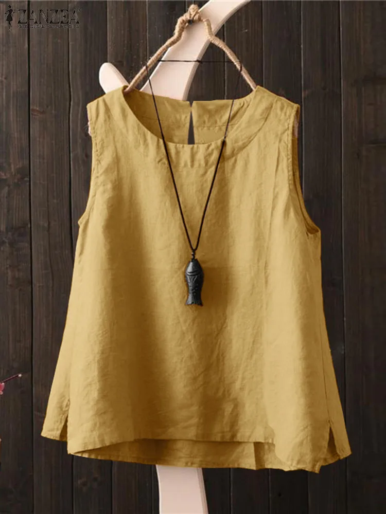 ZANZEA Summer O Neck Sleeveless Tanks Tops Women Vintage Blouse Fashion Solid Casual Shirt Female Loose Cotton Blusas Chemise