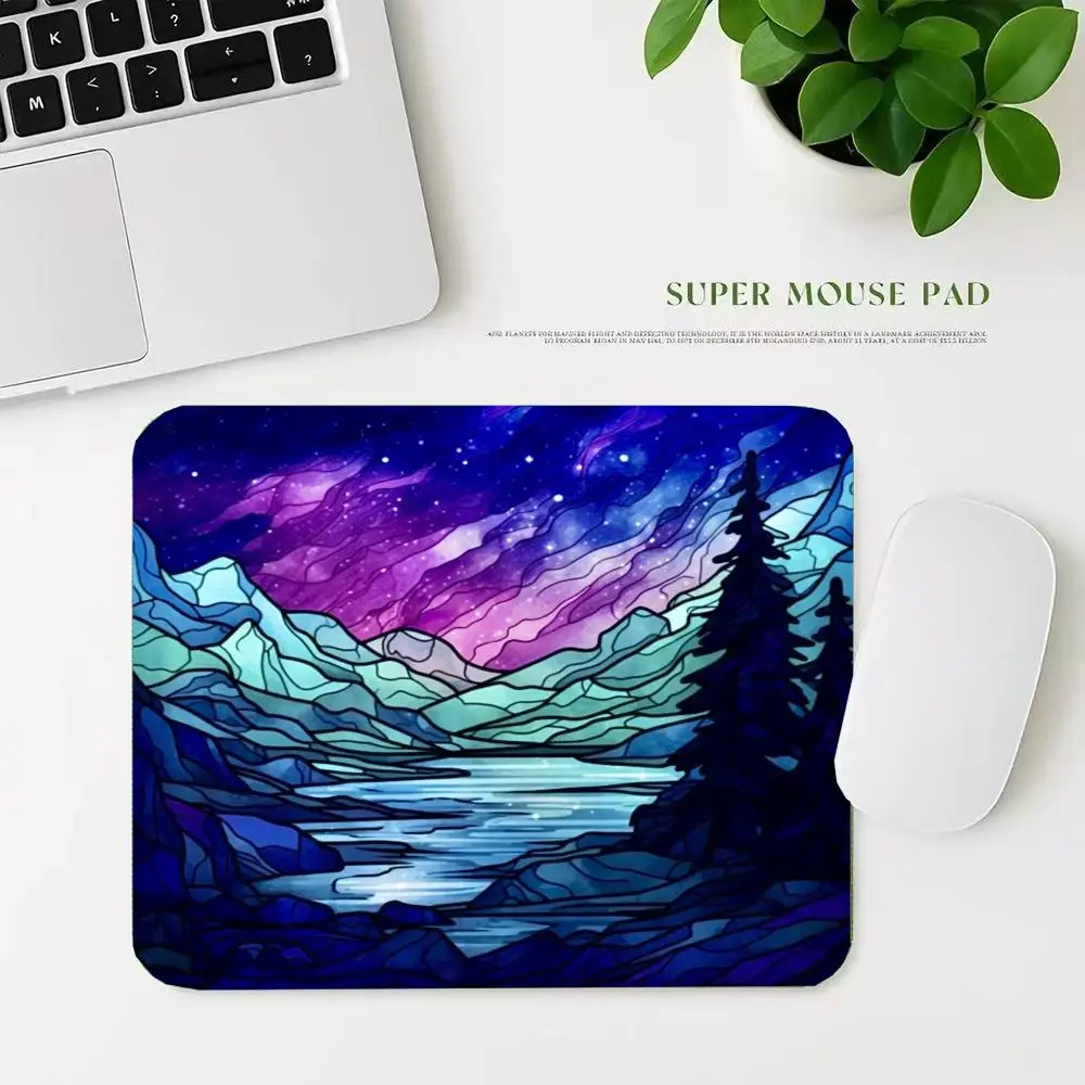 Stained Glass Star Mountain Small Mouse Pad Non-Slip Rubber Base Portable Mousepad For Laptop Office Gaming Desktop Decor 22*18