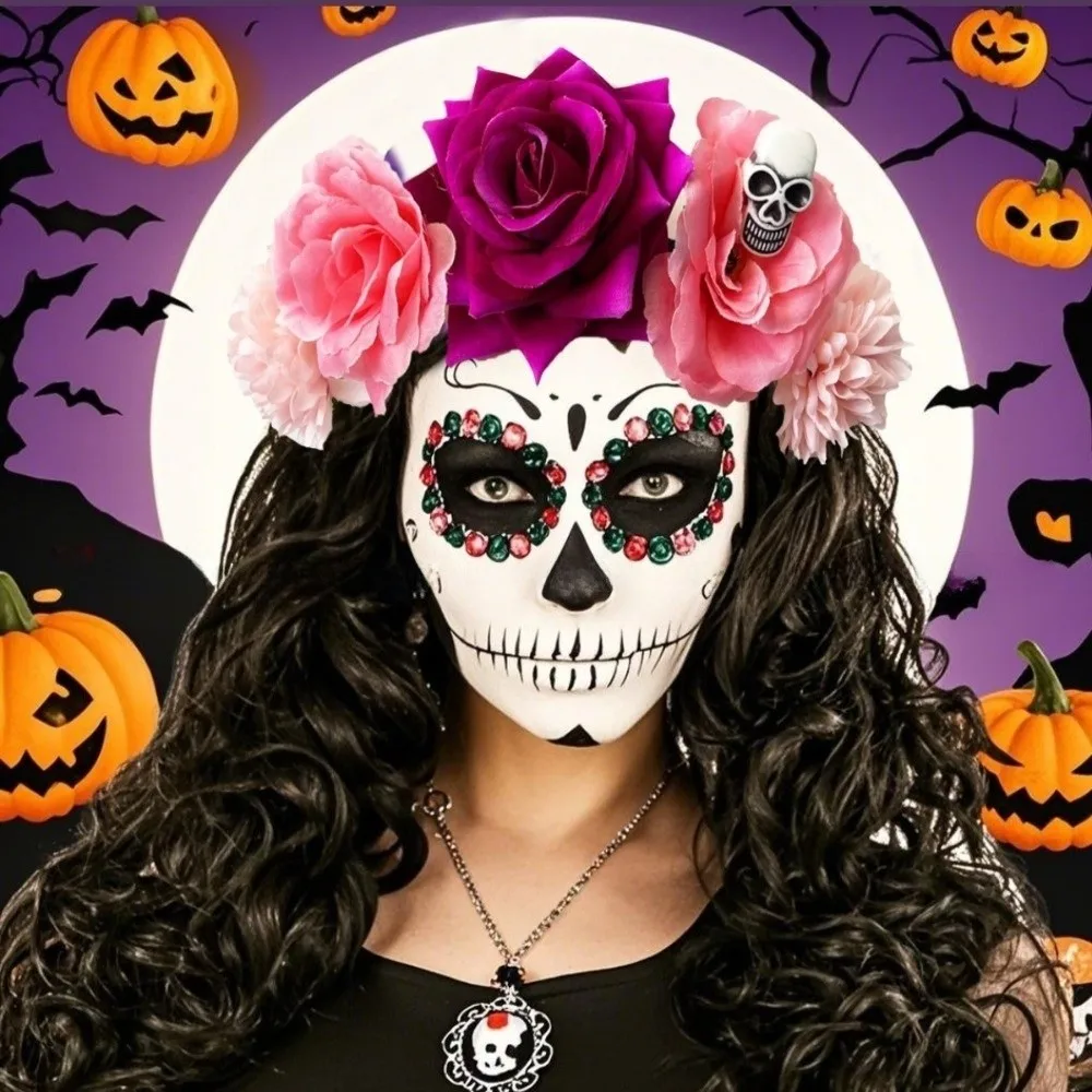 

Fashion Plastic Halloween Headband Skull Gothic Rose Flower Crown Multicolor Ghost Claw Party Headpiece Women