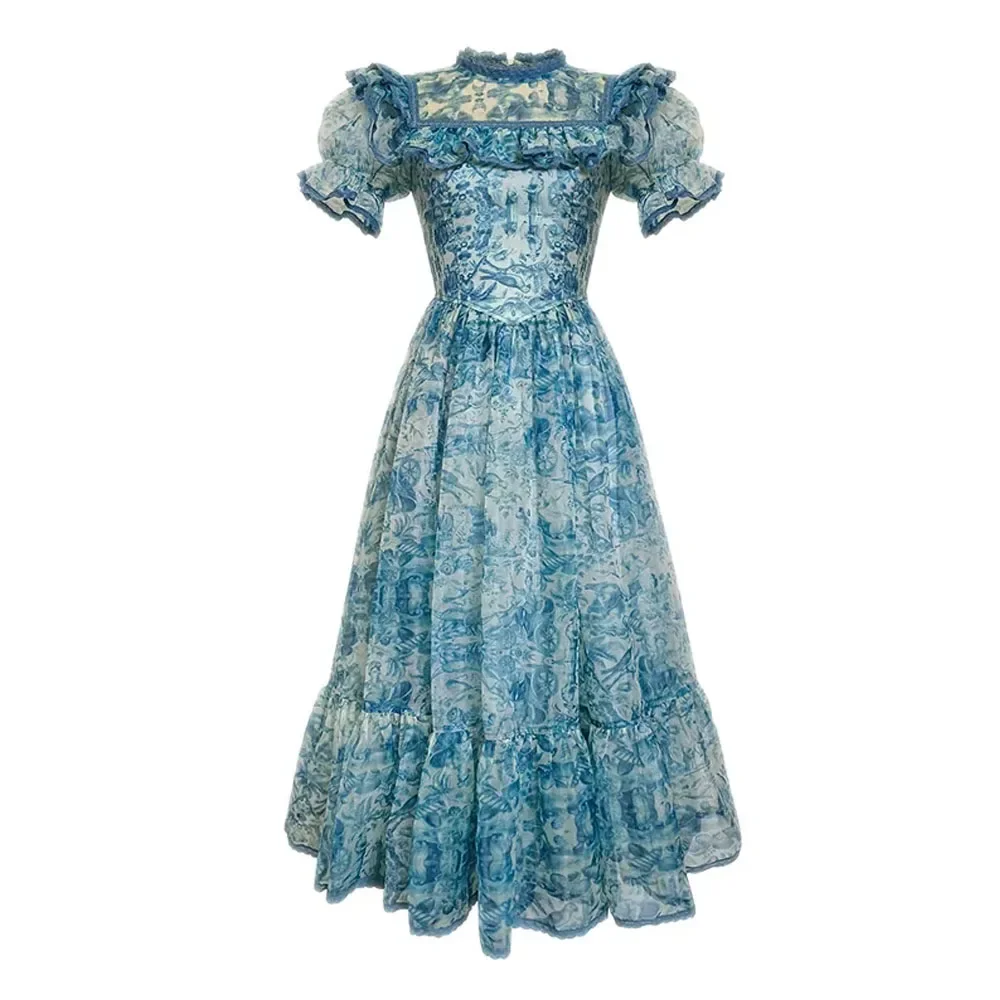 

2023 Summer New French Vintage Dress Mesh Broken Flowers Ruffle Edge High Collar Puff Sleeve Waist Wrapped Princess Prom Dress