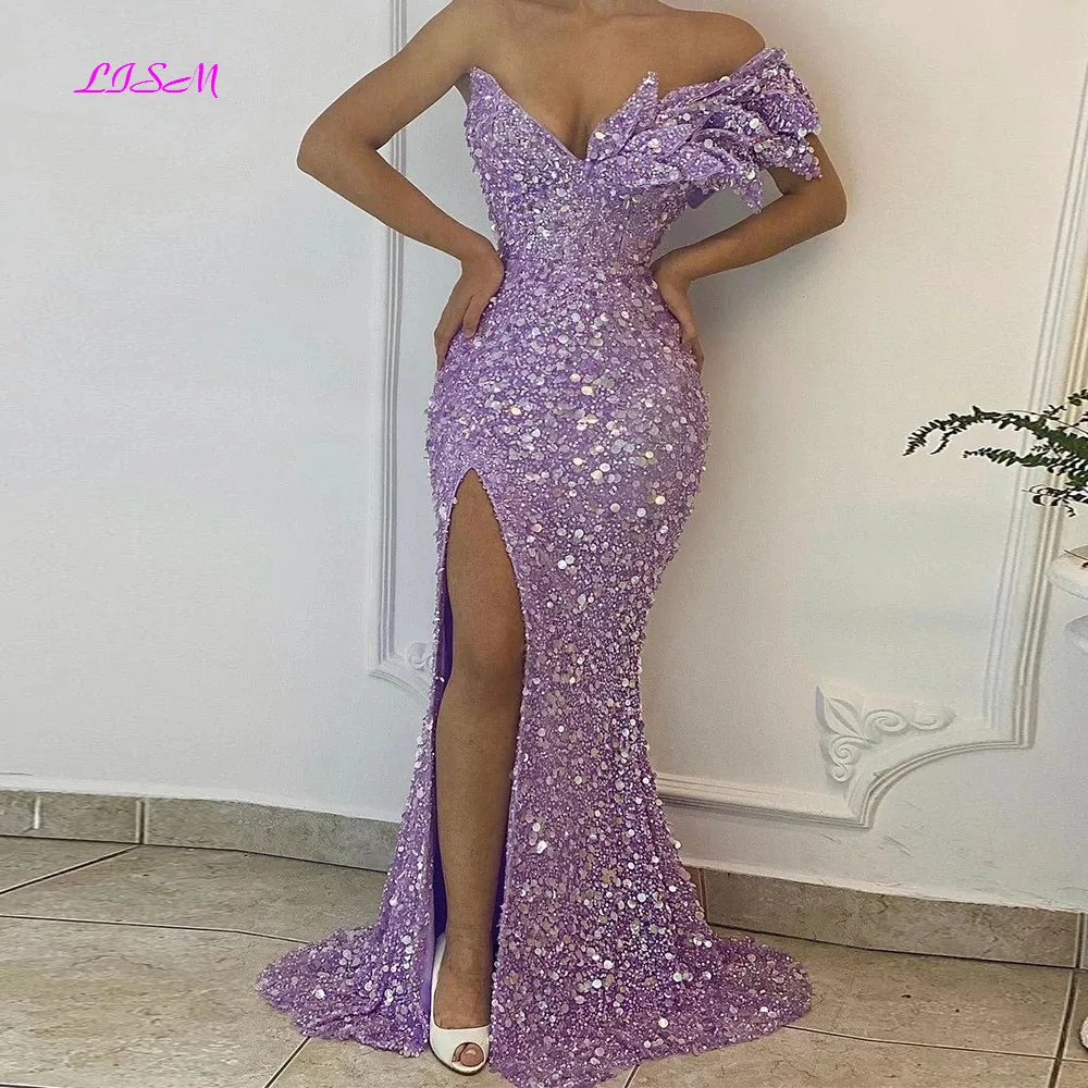 Sexy Mermaid suknie wieczorowe luksusowe Sparkle cekiny sukienka na konkurs piękności boczne rozcięcie bez rękawów eleganckie pomarańczowe suknie Celebrity