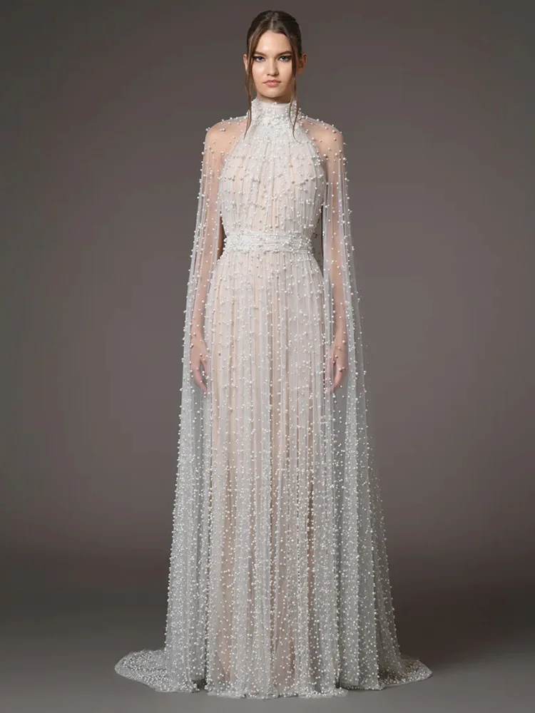

2026 HIGH STREET Designer Party Dress - Women‘s Newest Pearls Beaded Gauze Long Maxi Vestido, Luxurious Evening Gown