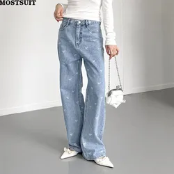 High Waisted Women Denim Jeans 2024 Autumn Bow Embroidered Wide Leg Straight Full-length Pants Trousers Korean Fashion Chic Jean