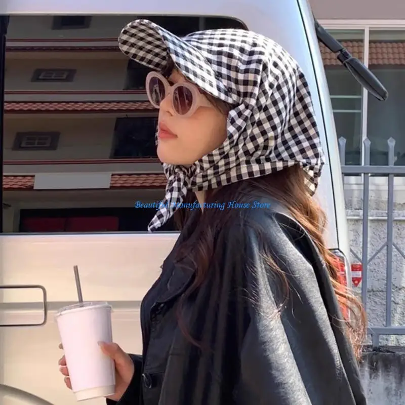E56A Fashionable Checkered Pattern Head Wrap Hat Comfortable Breathable Sunproof Bandanas Hat for Women Teens Street Headwear