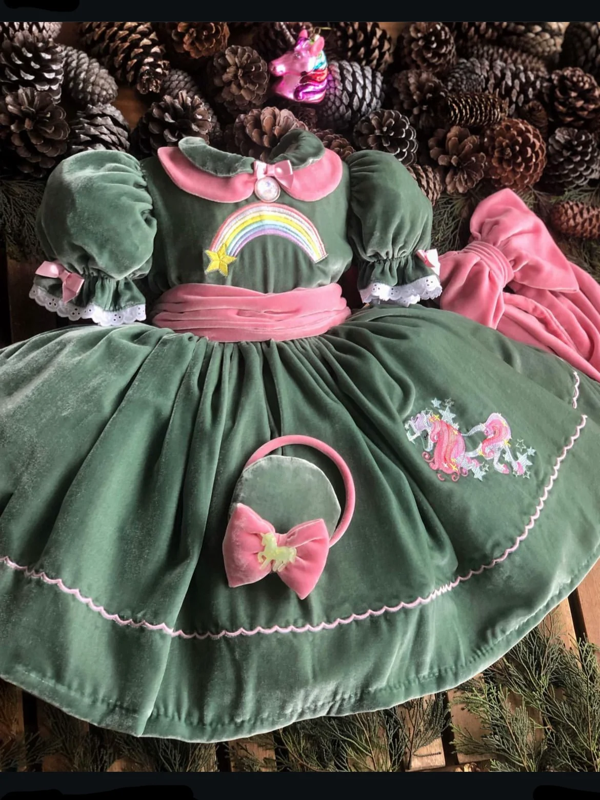 Baby Girl Autumn Winter Green Velvet Rainbow Unicorn Embroidery Vintage Turkish Princess Dress for Party Birthday Photography