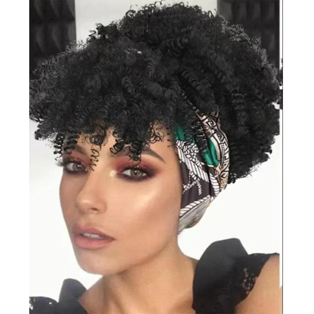 

European and American women wig Short curly hair African curls explosive hair wearing a headscarf Many Colors Synthetic Wigs