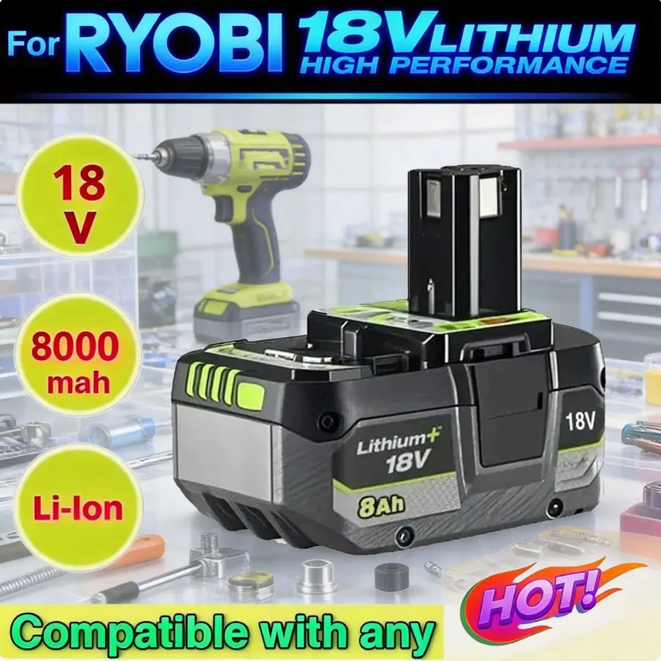 Für RYOBI 18V 8,0AH Lithium-Akku 18V mit geringer Selbstentladung, geeignet für alle 18V-Werkzeuge P104 P107 P108 RB18L50 RB18L20.