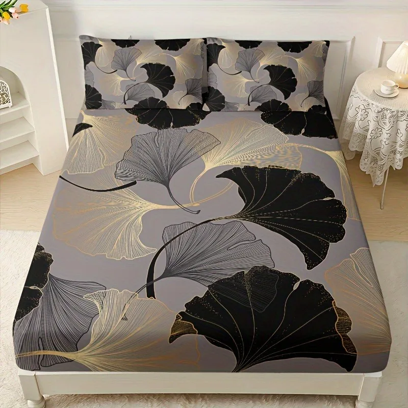 Black Gold Ginkgo Leaf Fitted Sheet Set 3PCS Modern Luxury Elastic Mattress Cover Soft Bedding Set With 2 Pillowcases