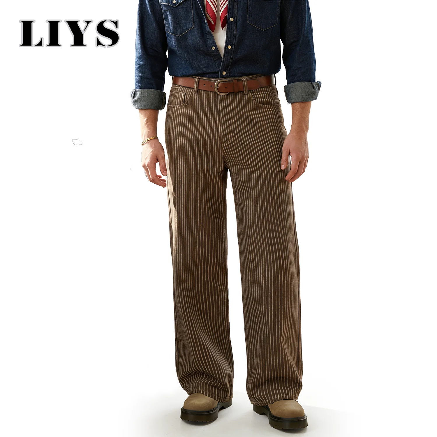 

LIYS Japanese Korean Vertical Striped Jacquard Wide-leg Jeans British Retro Striped Business Casual Baggy-Fitting Denim Pants